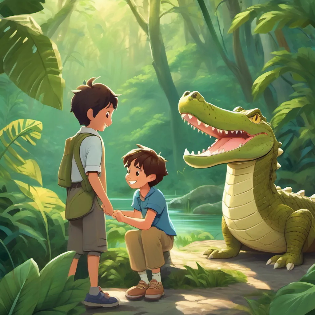 The boy conversing with a smiling crocodile whose tail is swishing in a friendly manner against a backdrop of forest greenery.