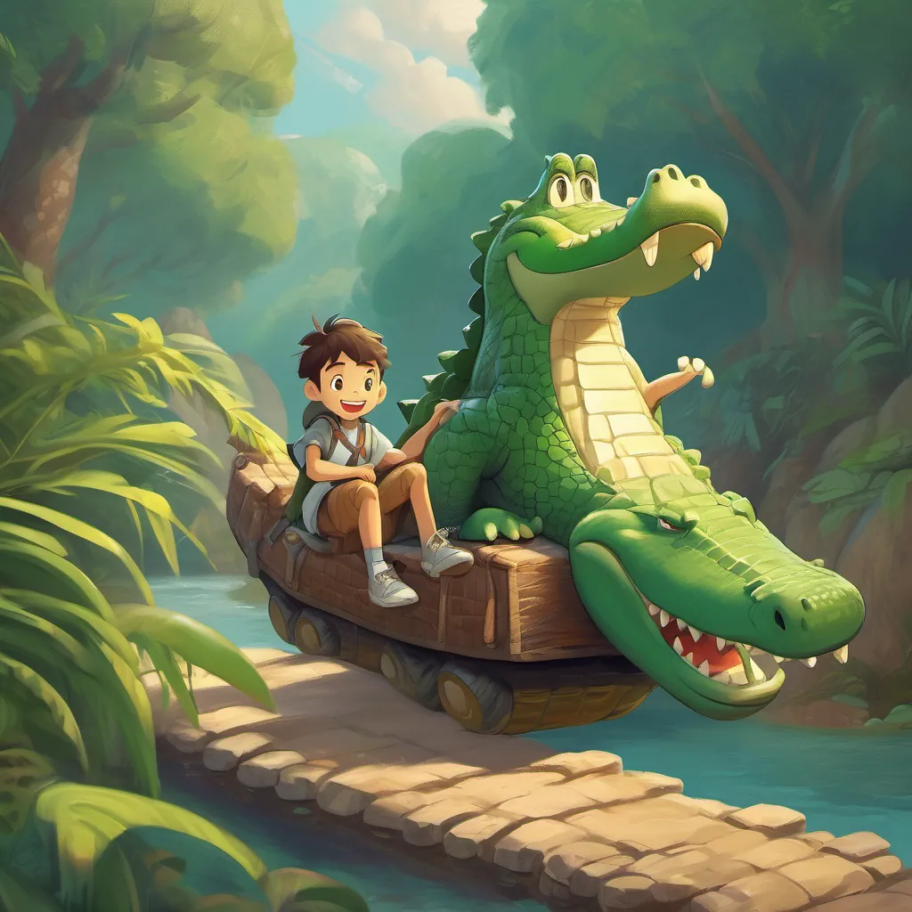 The boy climbing onto the back of the smiling crocodile, preparing for an adventure.