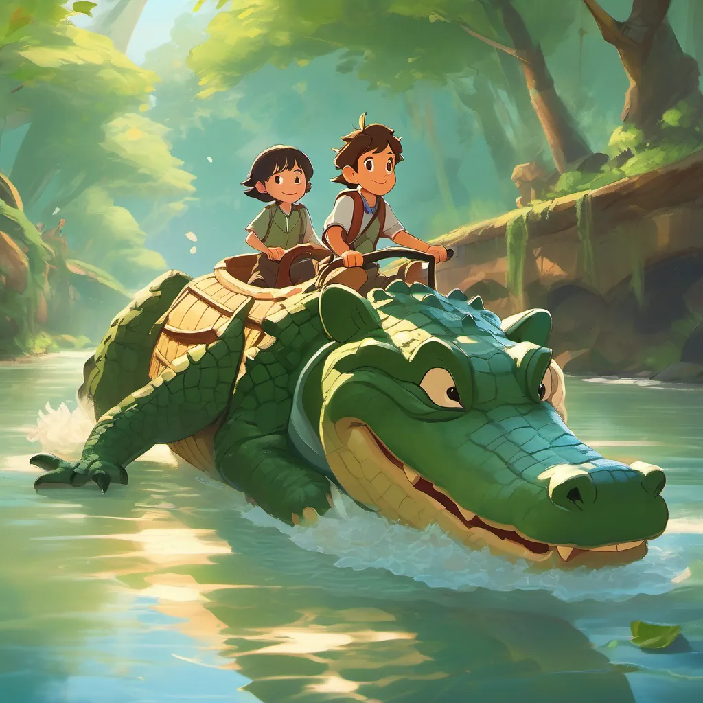 A smooth ride across the stream with the boy holding on tight, riding the crocodile gracefully through the water.