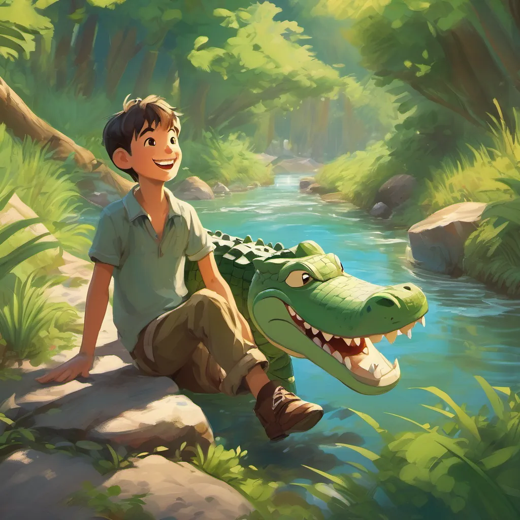 The boy and the crocodile laughing together happily, having crossed to the other side of the stream.