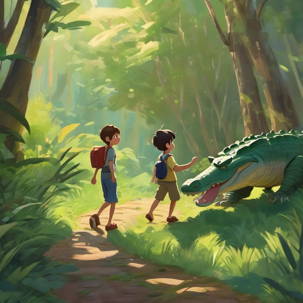 The boy and the crocodile walking together through the forest, sharing a joyful conversation and exploring.