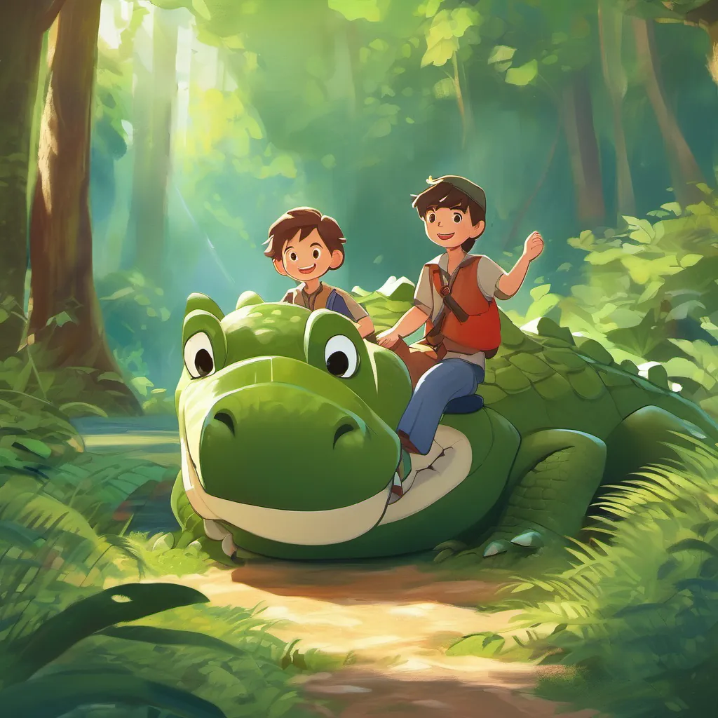 The boy and the crocodile enjoying many adventurous moments together in the forest, always happy and excited.