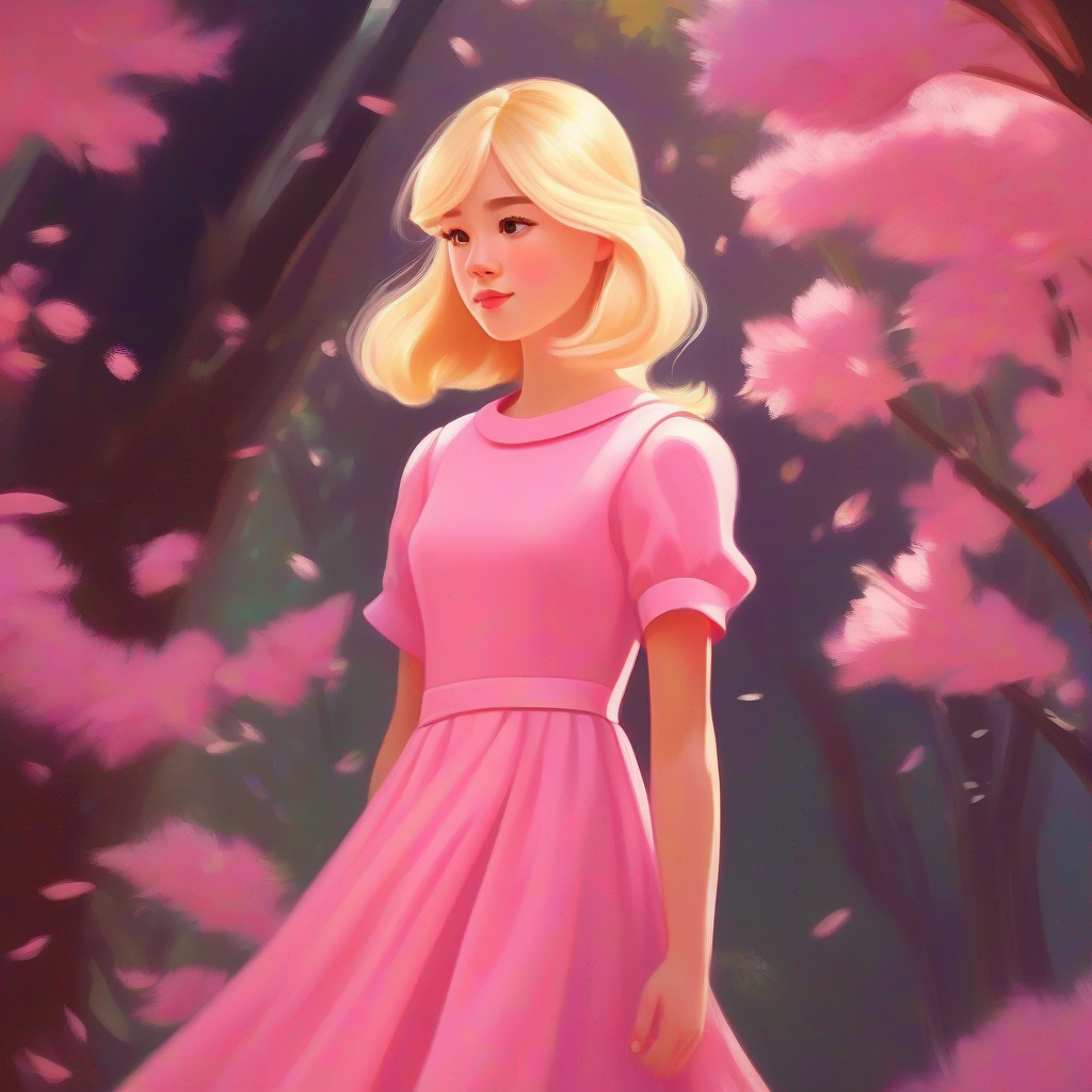 A girl wearing a pink dress with blonde hair is wearing a pink dress and has blonde hair.