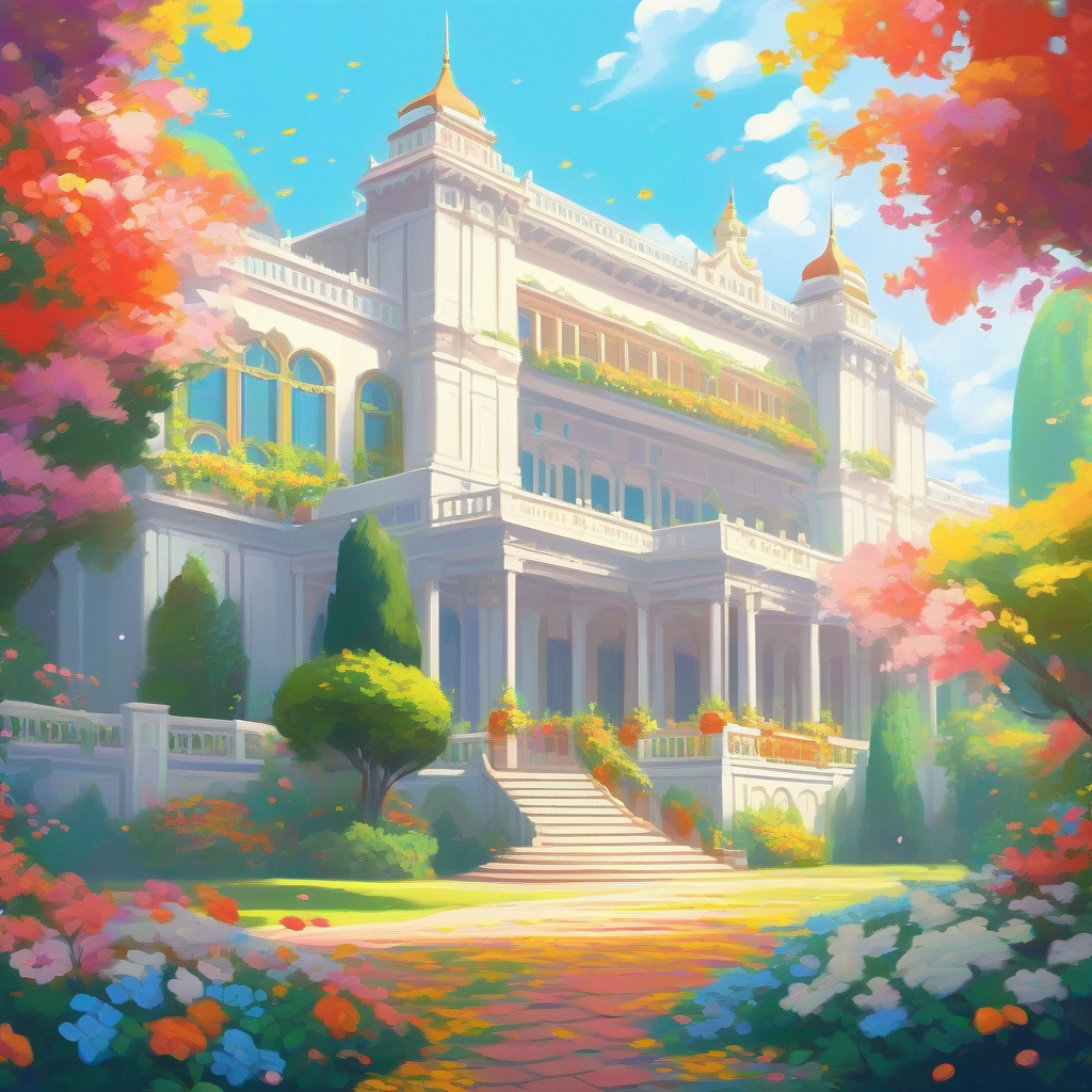 The palace is tall and white, with colorful flowers.