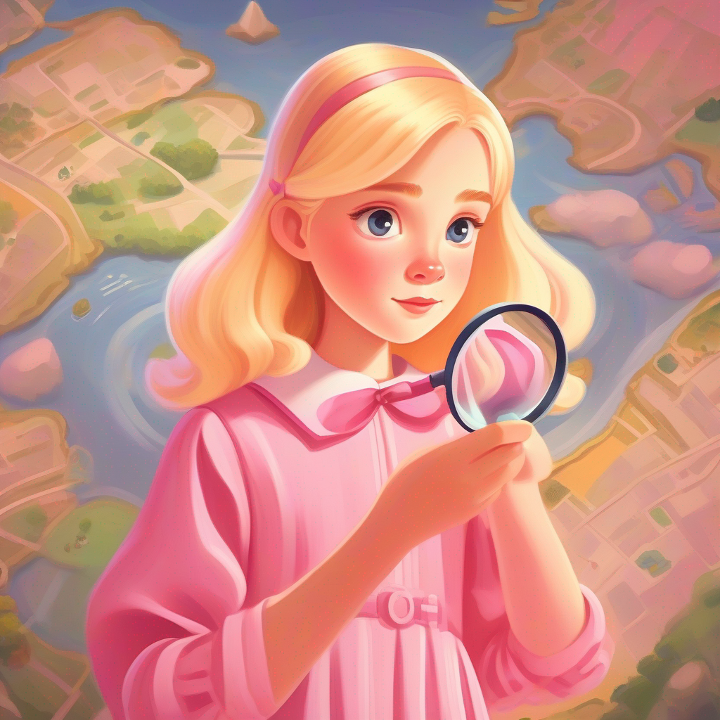 A girl wearing a pink dress with blonde hair is holding a magnifying glass and a map.