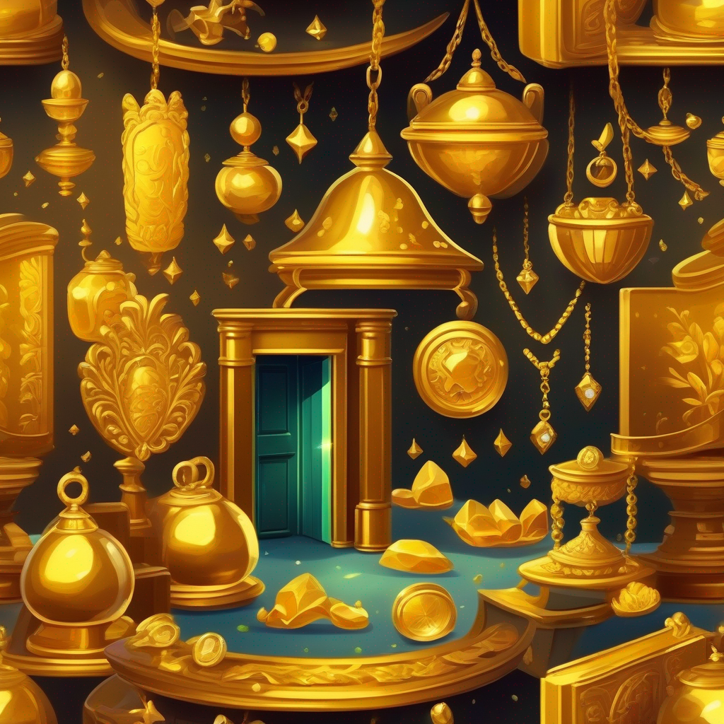 The room is filled with golden treasures and shiny jewelry.