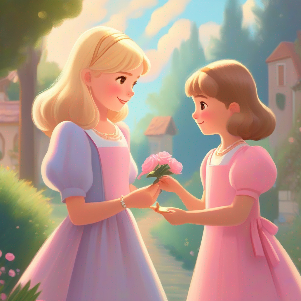 A girl wearing a pink dress with blonde hair is giving a necklace to her friend Lily's friend with brown hair and a blue dress.