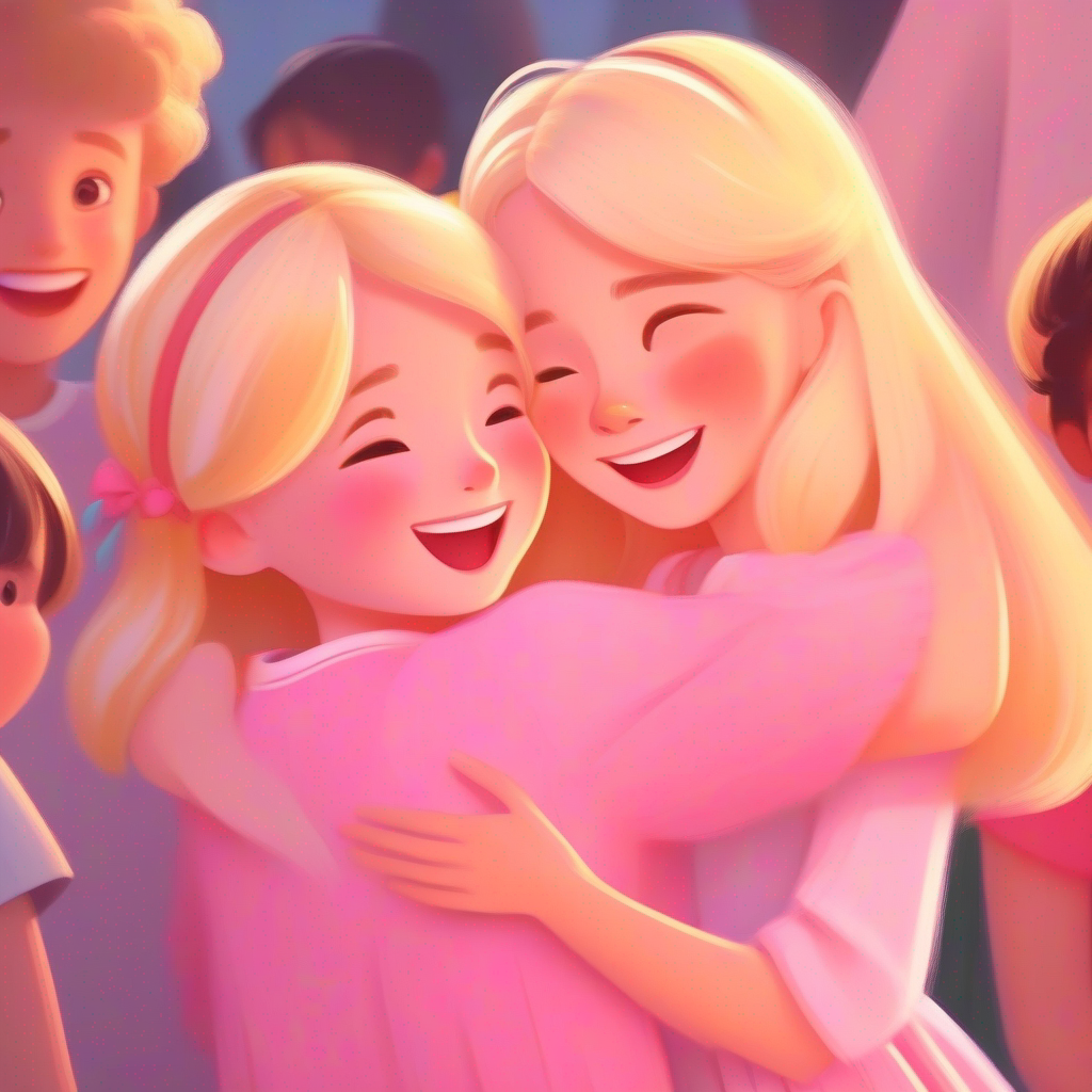 A girl wearing a pink dress with blonde hair's friends are smiling and hugging her.