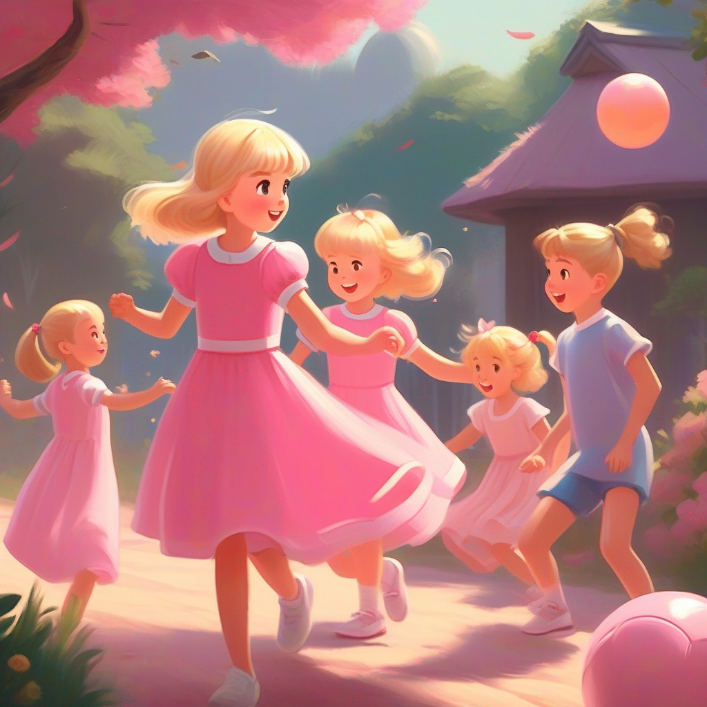 A girl wearing a pink dress with blonde hair and her friends are playing with a ball.