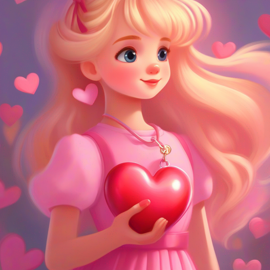 A girl wearing a pink dress with blonde hair is holding a heart-shaped keychain.