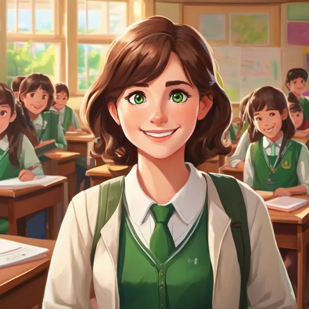 Entering the classroom, Brown hair, green eyes, happy and excited, classroom setting