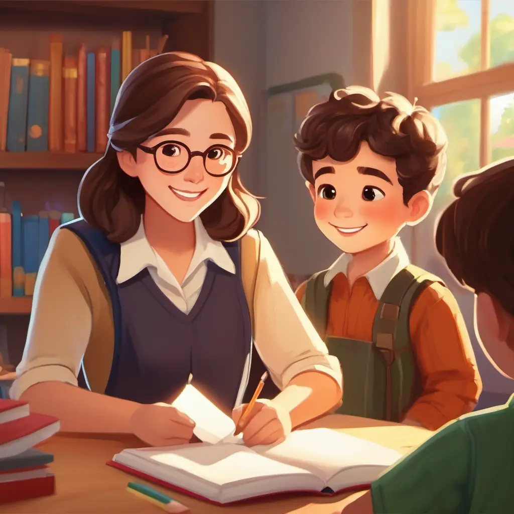 Teacher's introduction, Brown hair, warm smile, kind, storytime, classroom setting