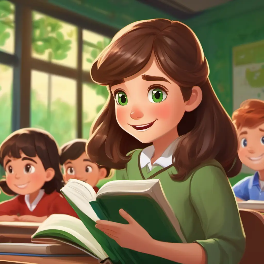 Engaging in storytime, Brown hair, green eyes, happy and excited, classroom setting