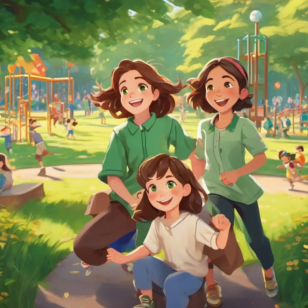 Recess, Brown hair, green eyes, happy and excited, friends, playground setting