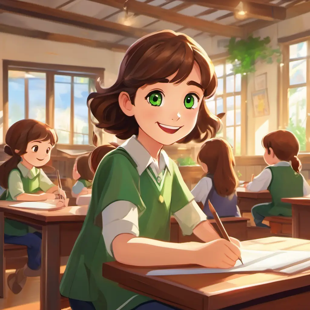 Art activity, Brown hair, green eyes, happy and excited, drawing, classroom setting