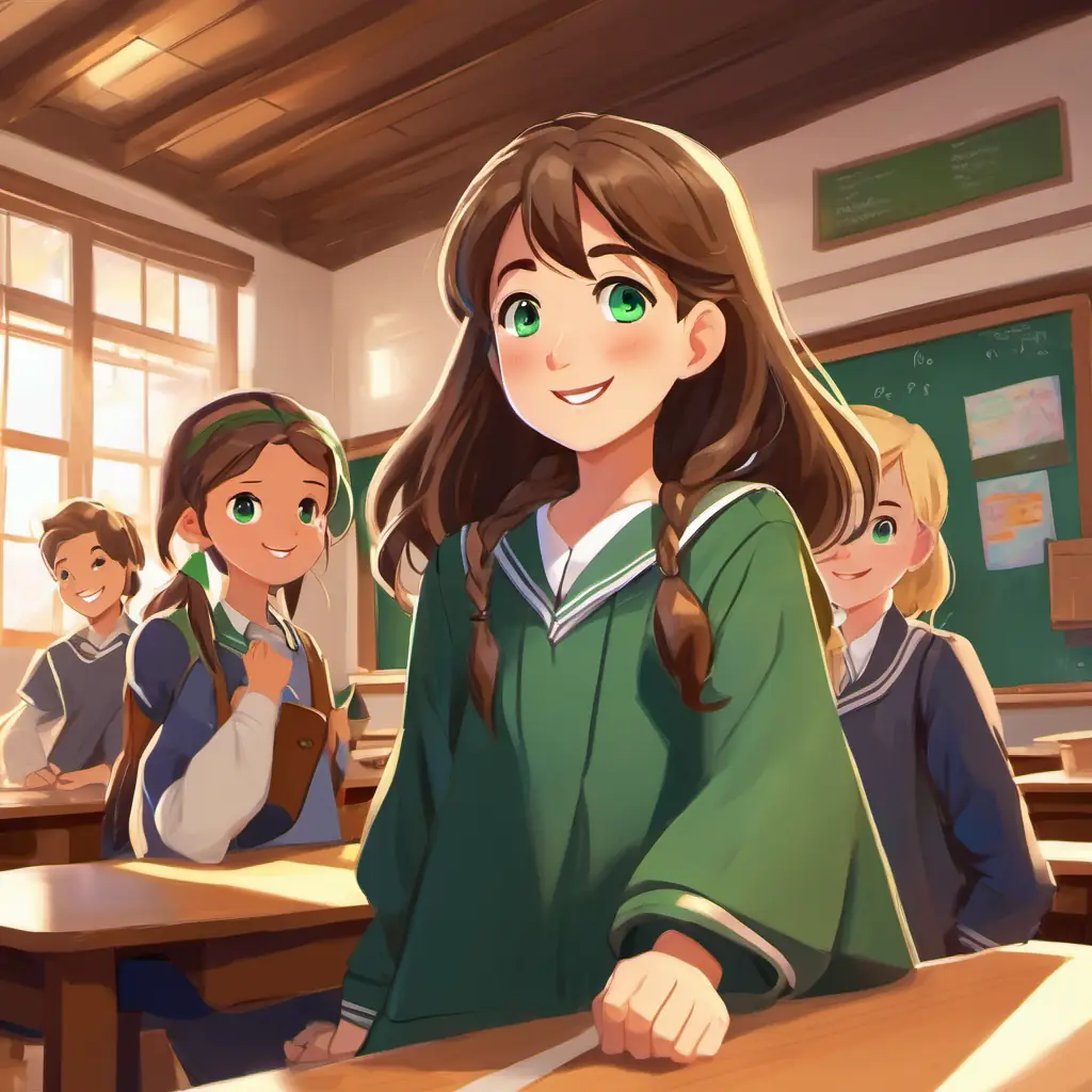 End of the school day, Brown hair, green eyes, happy and excited, Blonde hair, blue eyes, cheerful, Black hair, brown eyes, energetic, Brown hair, warm smile, kind, classroom setting