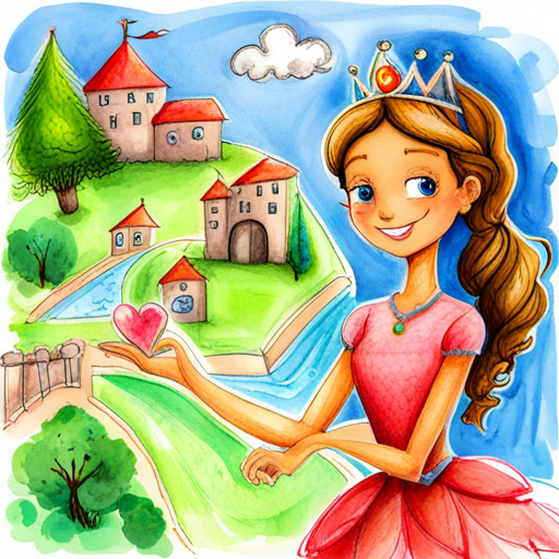 Kind-hearted princess with a sparkling tiara and gentle smile with a colorful map in her hand