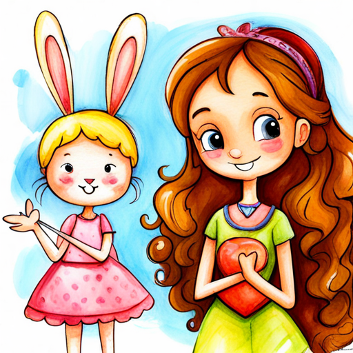 Kind-hearted princess with a sparkling tiara and gentle smile with a cute bunny named Friendly bunny who loves to explore with Zia