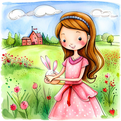 Kind-hearted princess with a sparkling tiara and gentle smile and Friendly bunny who loves to explore with Zia playing in the meadow