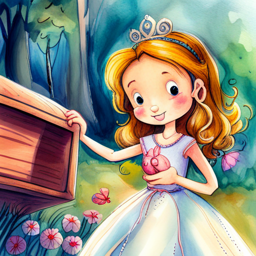 Kind-hearted princess with a sparkling tiara and gentle smile and Friendly bunny who loves to explore with Zia finding a treasure chest