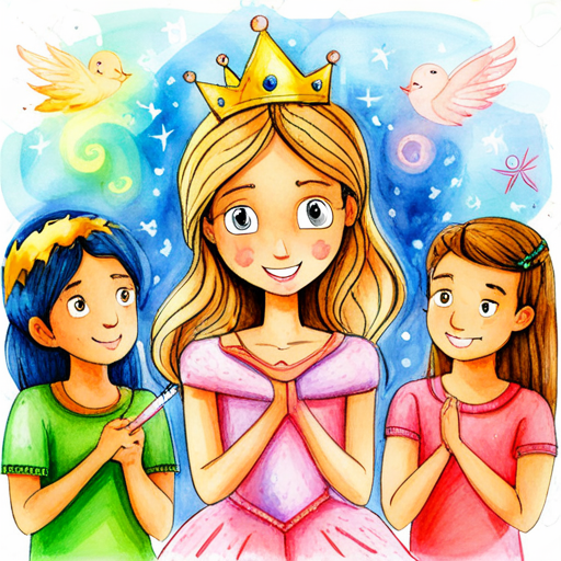 Kind-hearted princess with a sparkling tiara and gentle smile and her friends surrounded by shining magic