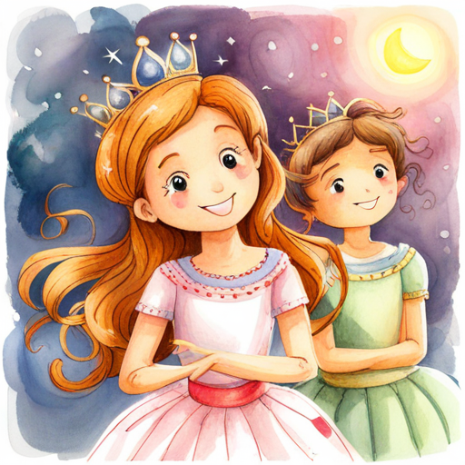 Kind-hearted princess with a sparkling tiara and gentle smile and her friends dancing and singing