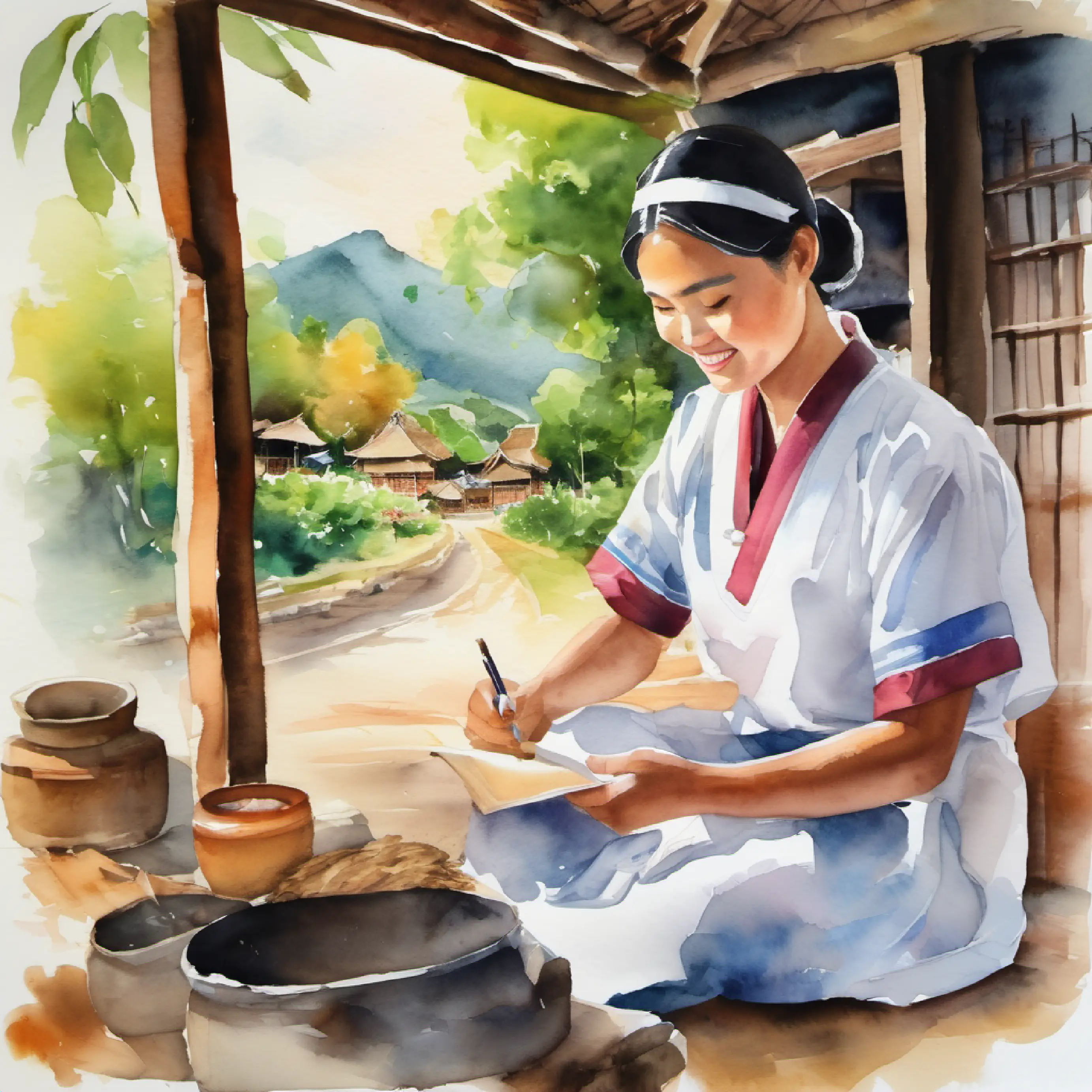 Introduction to Young doctor with healing hands, kind eyes, warm smile, Thai village setting.