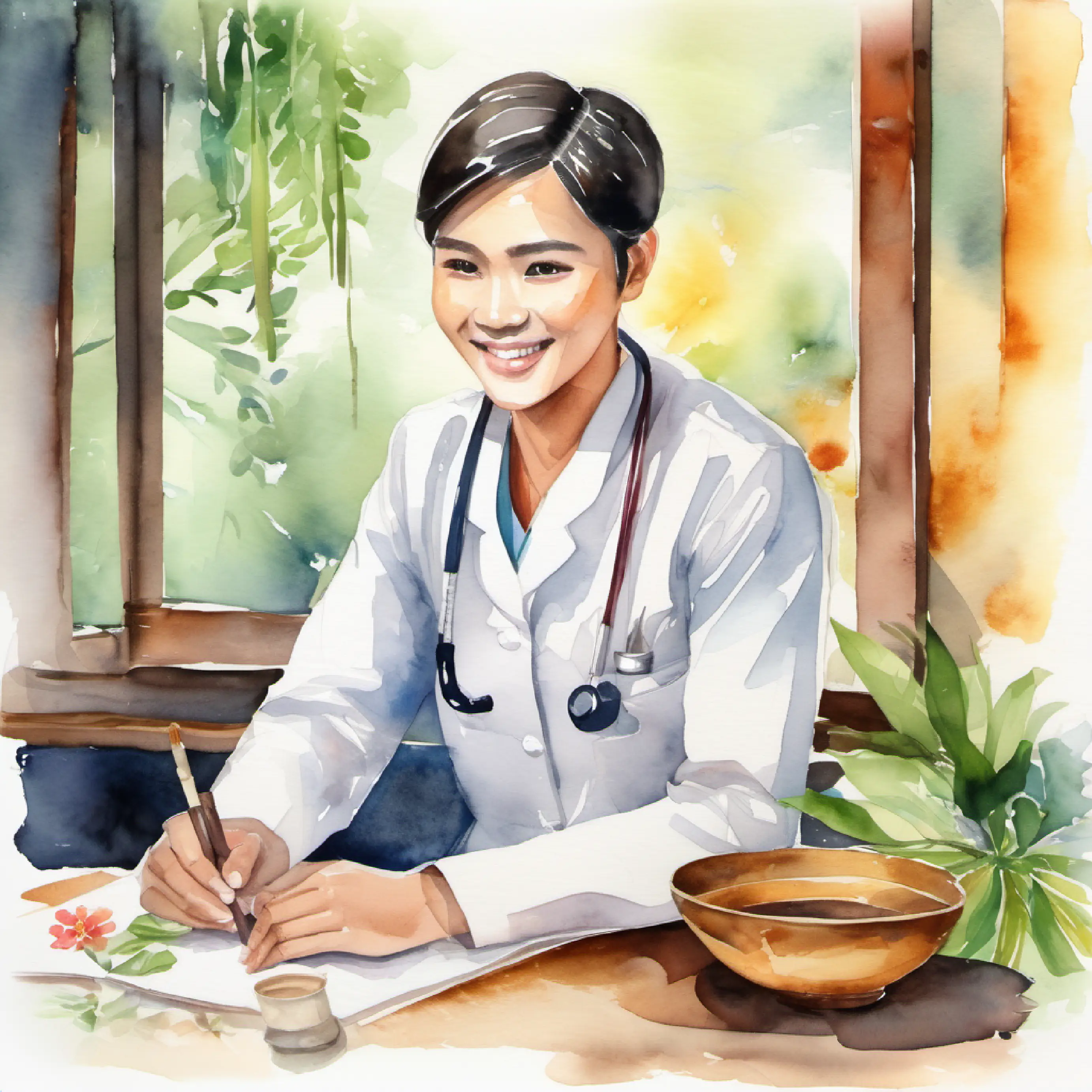 Young doctor with healing hands, kind eyes, warm smile learning traditional Thai medicine.