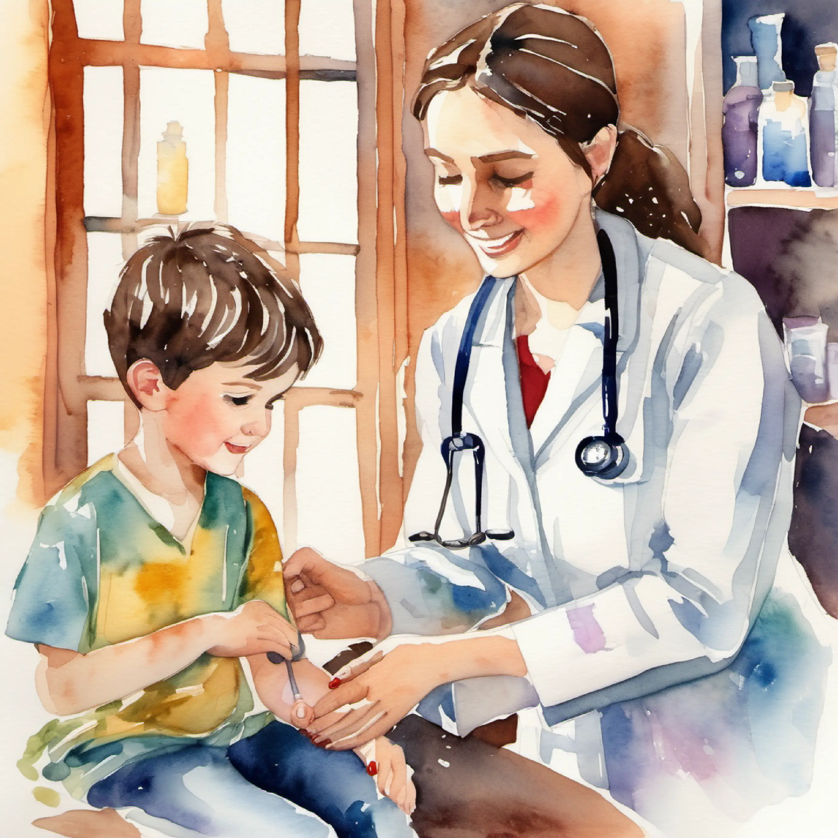 Young doctor with healing hands, kind eyes, warm smile treating a boy's injury with her remedies.