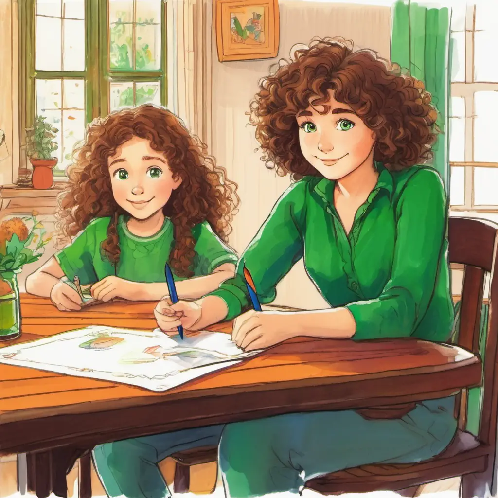 At home, Young girl with curly brown hair, green eyes sits at the table with her parents