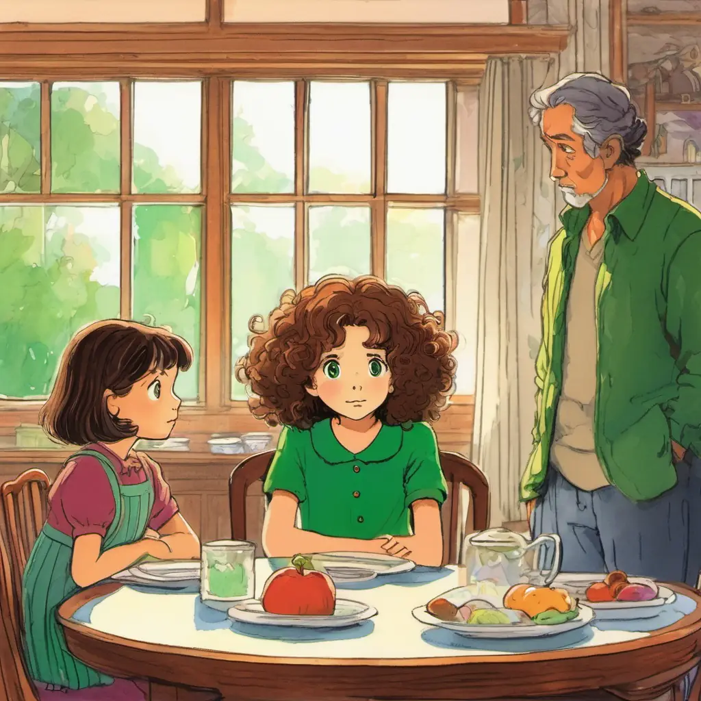 In the dining room, Young girl with curly brown hair, green eyes looks sad as she talks to her parents