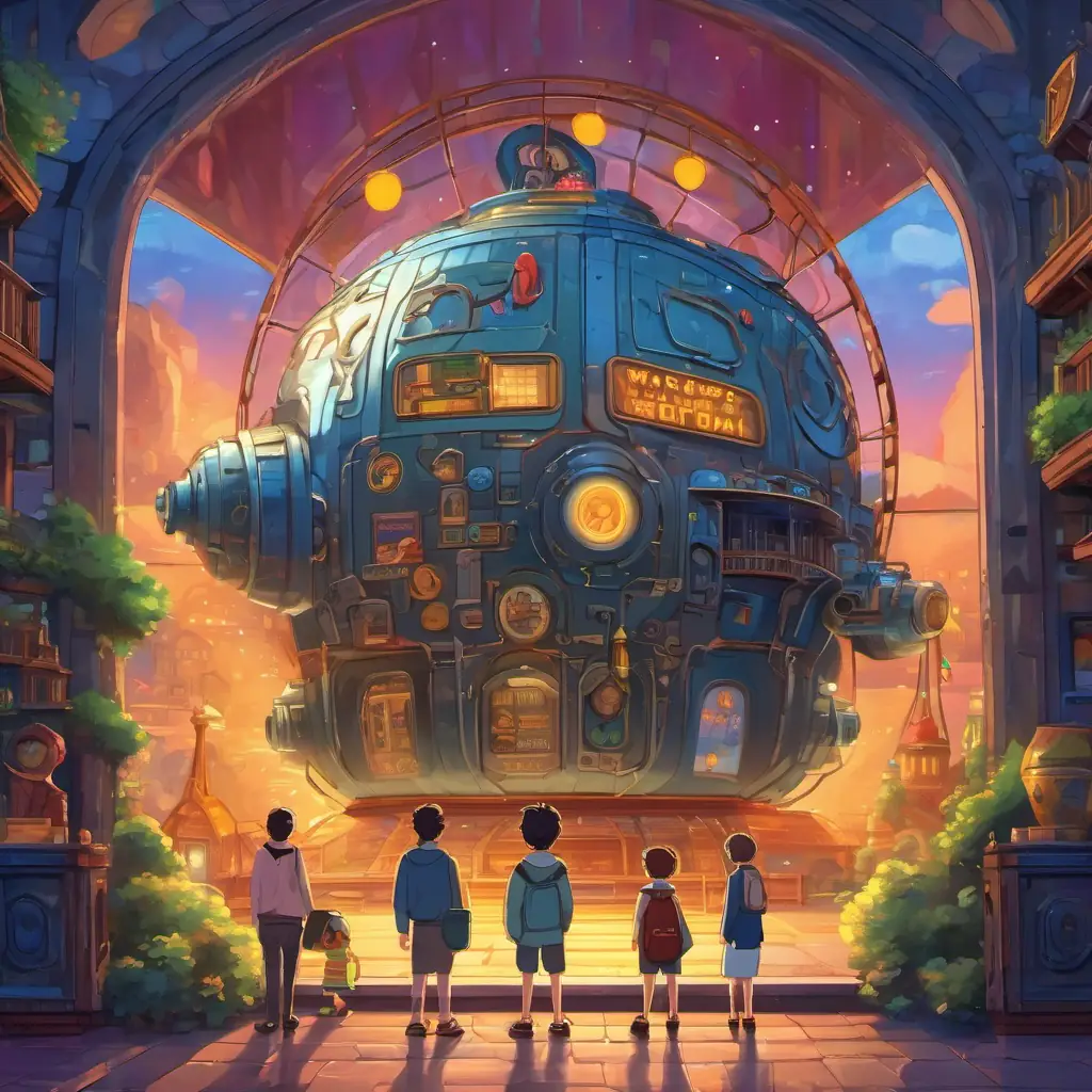 The five friends standing in front of a shining time machine with a signboard saying 'Dwaparyug'