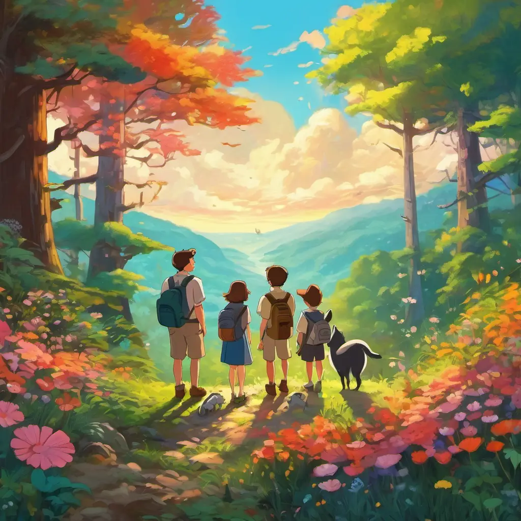 The friends standing together in awe in a vibrant forest with animals and blooming flowers around them