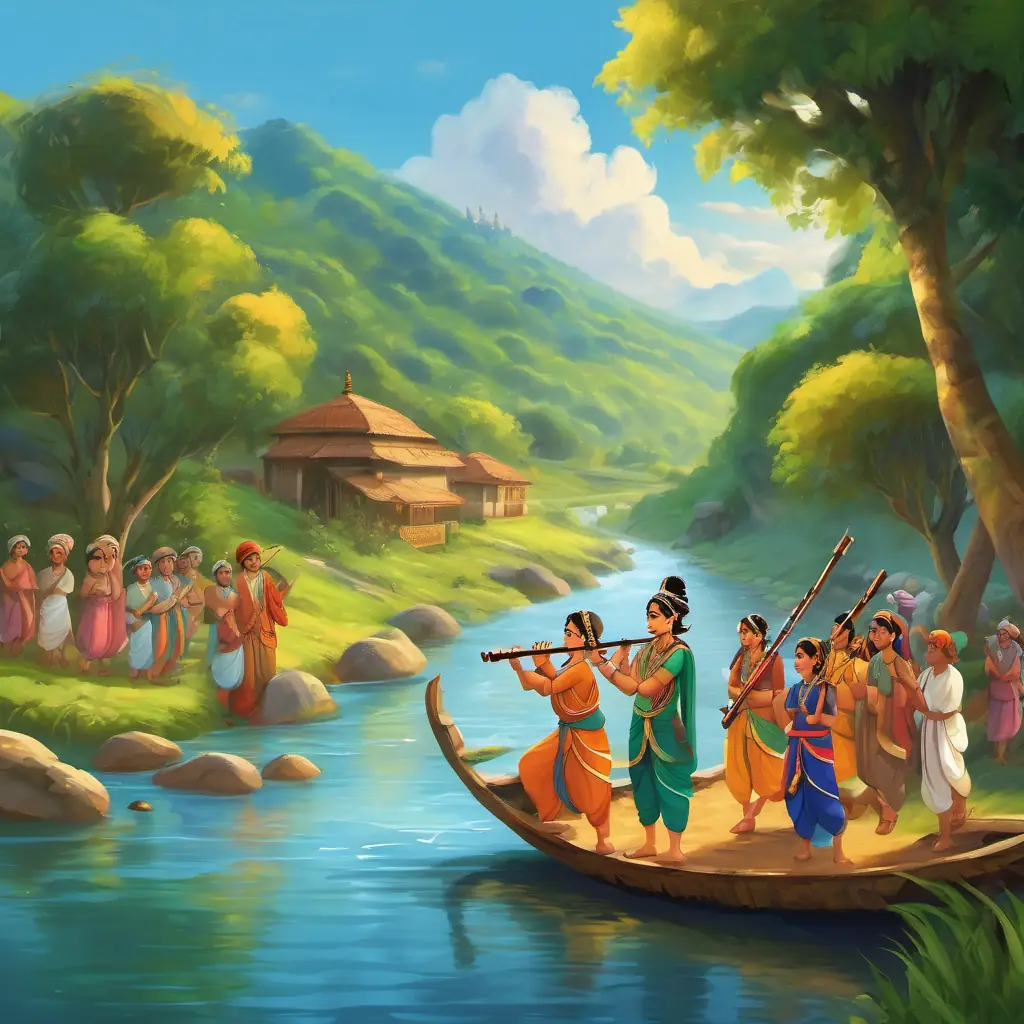 The friends witnessing Lord Krishna playing the flute near a flowing river, surrounded by villagers in traditional clothes