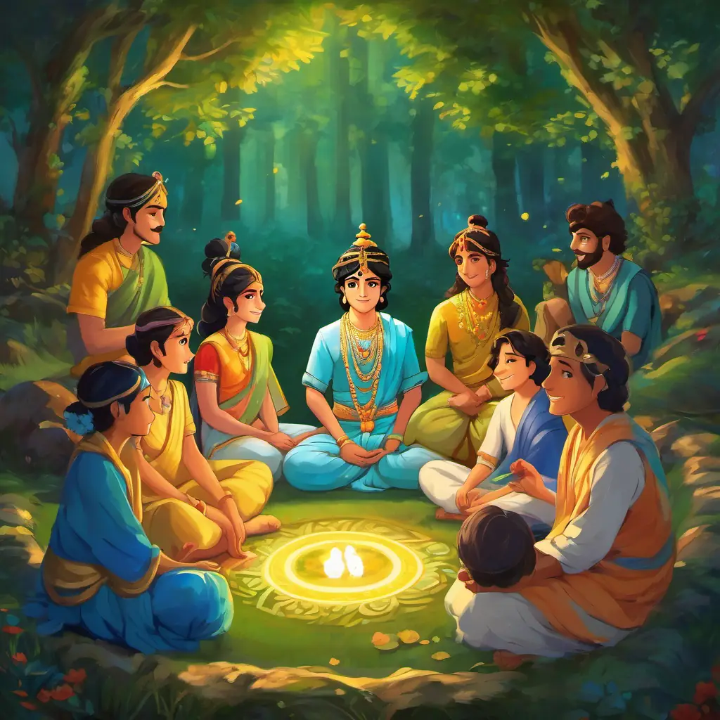 The friends sitting in a circle around Lord Krishna, listening to his enchanting stories with happiness on their faces