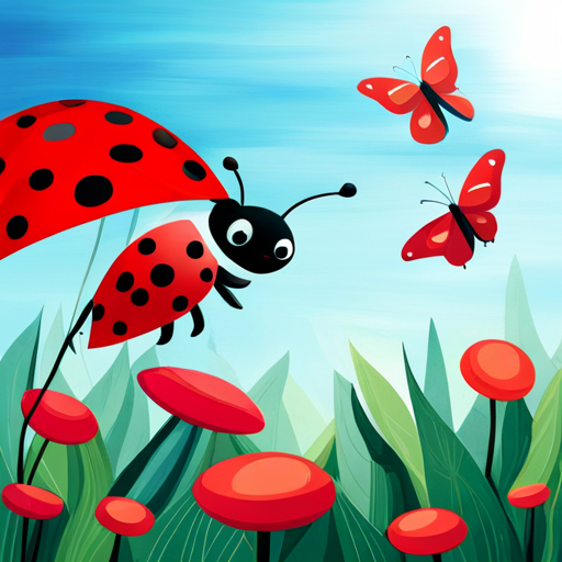 Ladybug looking at butterflies flying in the sky