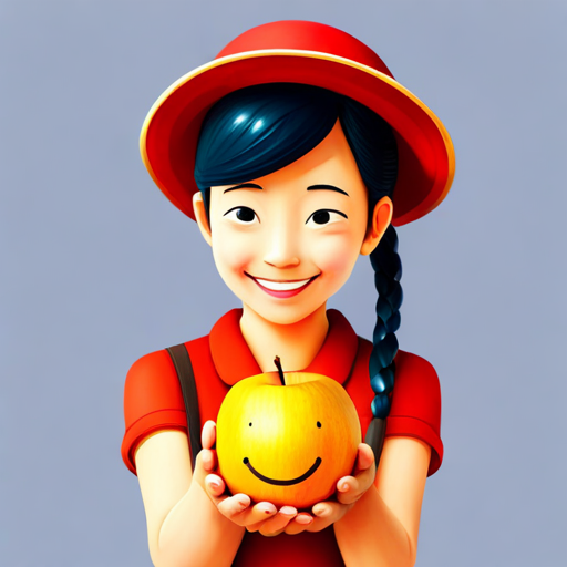 Anne holding an apple with a smiley face