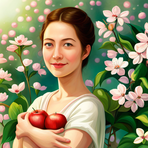 Anne with a happy smile, surrounded by blooming apple tree and apple buddies