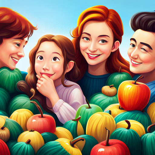 Anne surrounded by happy apple buddies