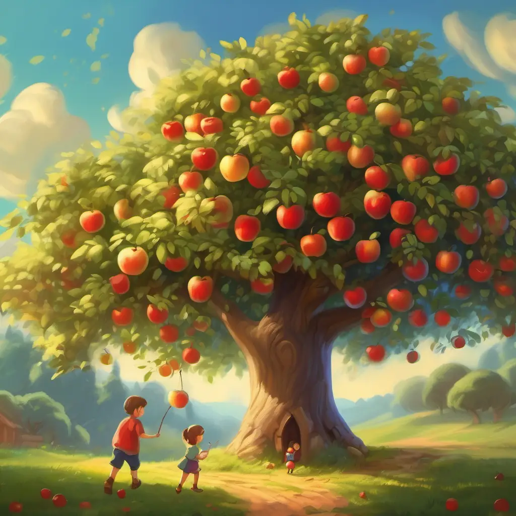 Tree with apples, children playing