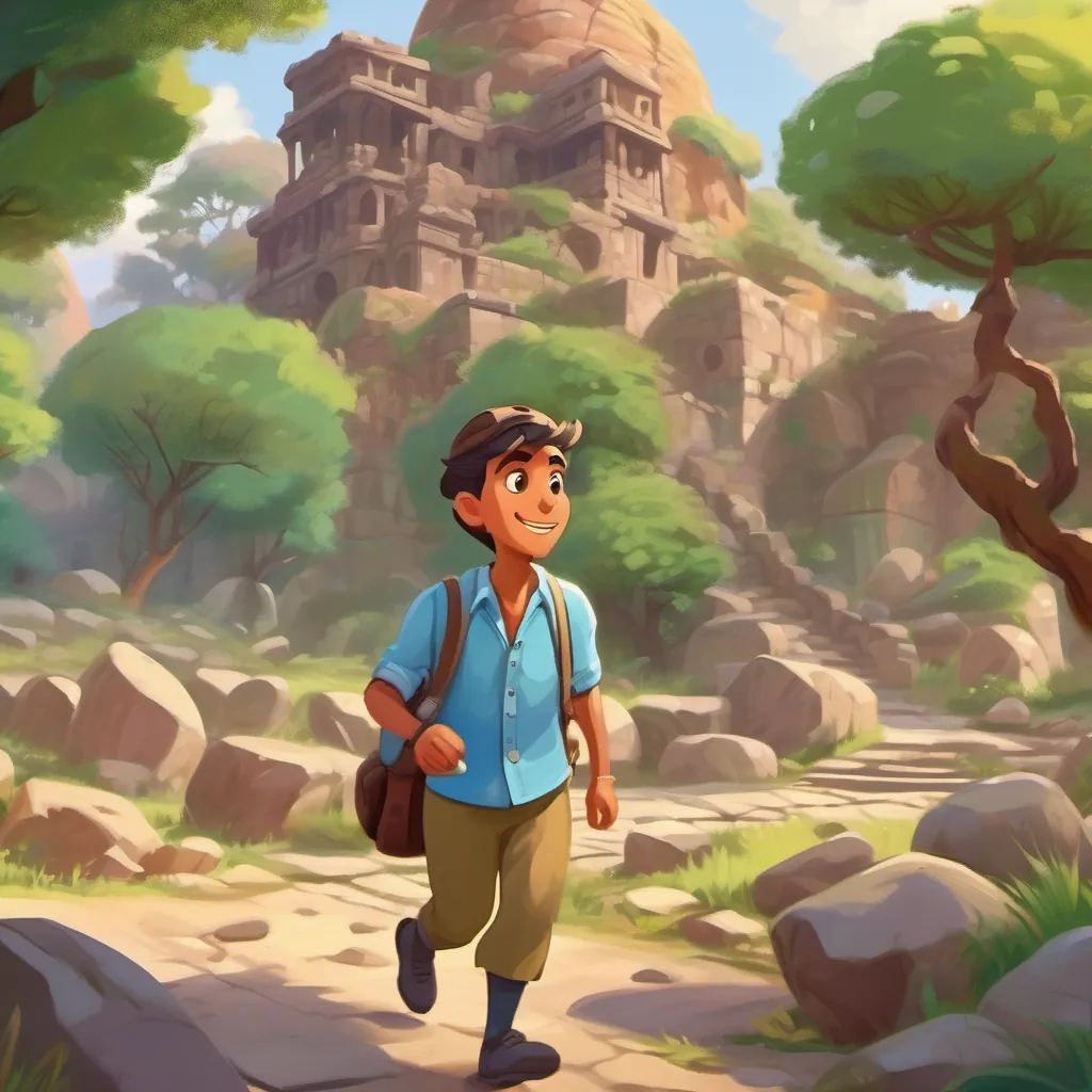 A whimsical, colorful illustration of an enthusiastic geologist walking through an ancient-looking British cantonment in India, with various stones in his hand.