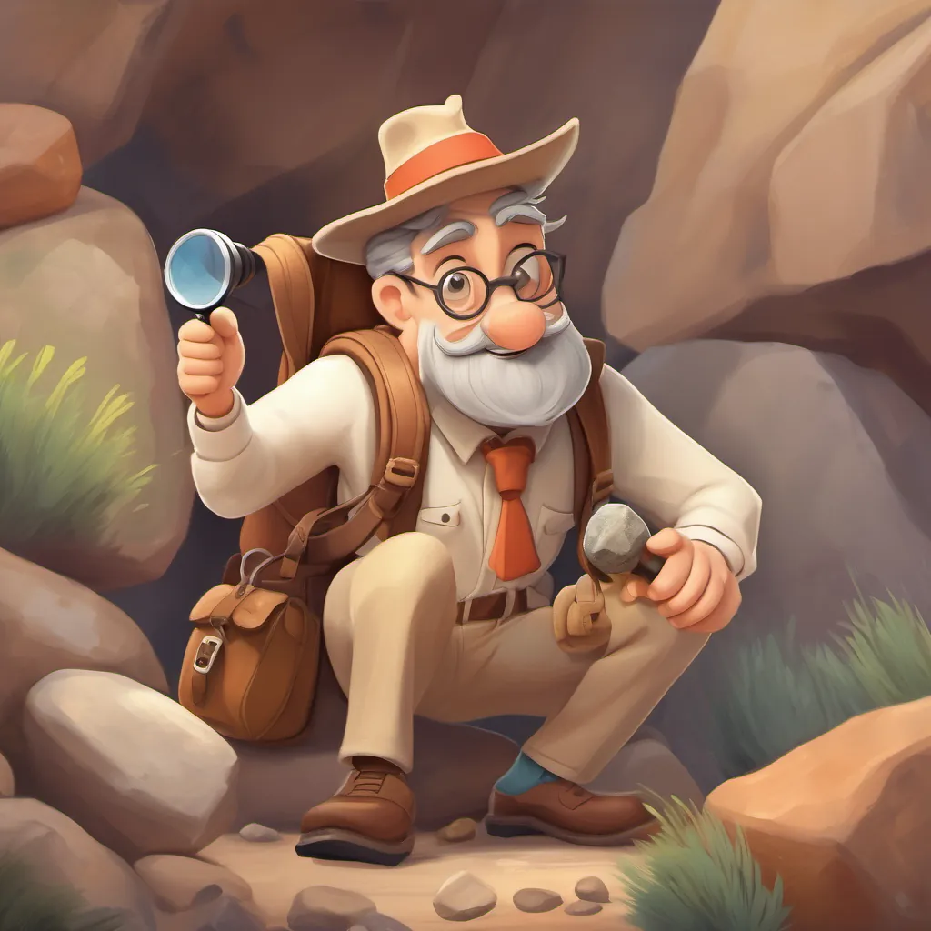 A Dr. Seuss-style portrayal of An animated geologist with a brown fedora, a magnifying glass, and a satchel full of rocks examining various rocks with a joyous expression.