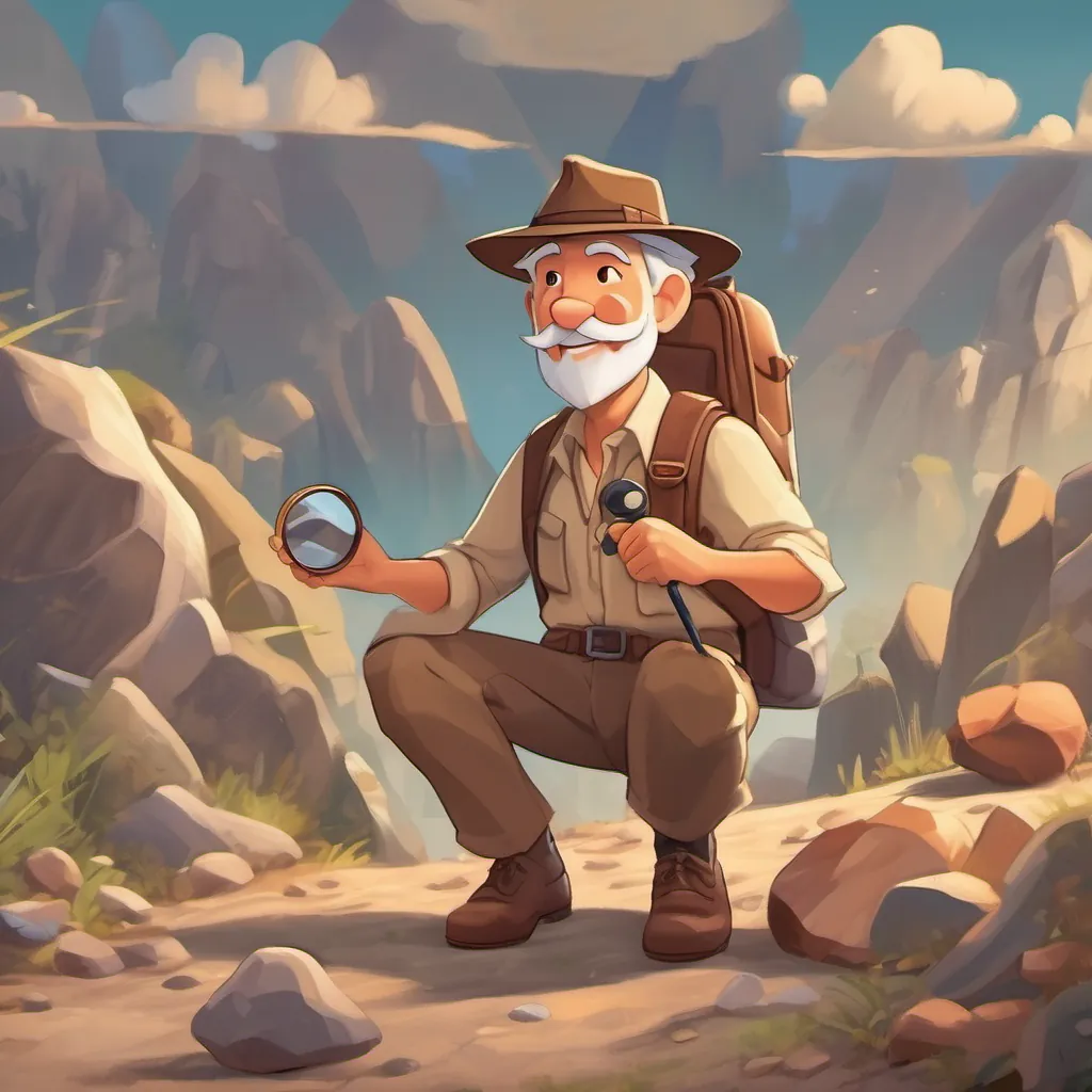 A warm, uplifting illustration of An animated geologist with a brown fedora, a magnifying glass, and a satchel full of rocks smiling warmly at the reader.