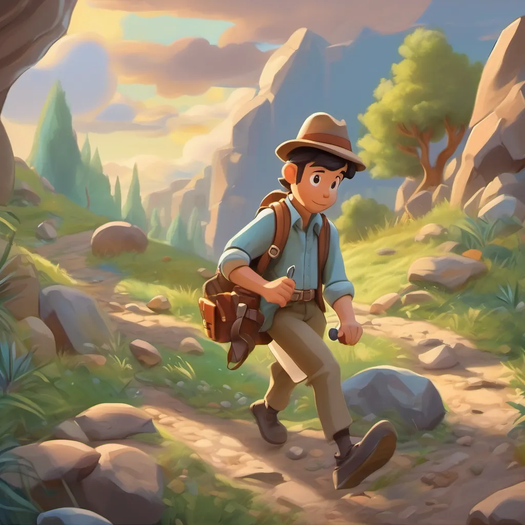 A whimsical, vibrant scene of An animated geologist with a brown fedora, a magnifying glass, and a satchel full of rocks walking down a path with new findings and dreams.