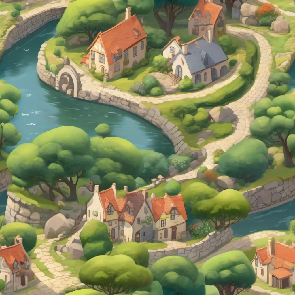 A whimsical landscape of the British cantonment with cobblestone roads and winding paths.