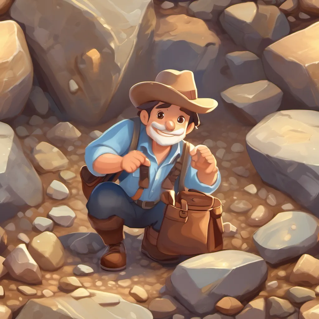 An animated geologist with a brown fedora, a magnifying glass, and a satchel full of rocks excitedly discovering a sparkling ancient stone tool partially buried in the ground.