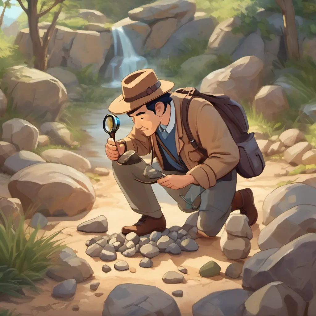 An animated geologist with a brown fedora, a magnifying glass, and a satchel full of rocks carefully examining the ancient stone tool with a magnifying glass.