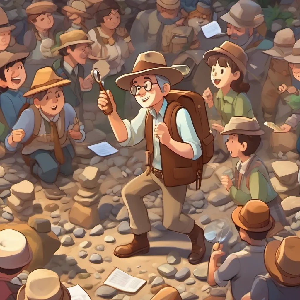 An animated geologist with a brown fedora, a magnifying glass, and a satchel full of rocks animatedly speaking to a small gathered crowd, explaining his discovery with excitement.
