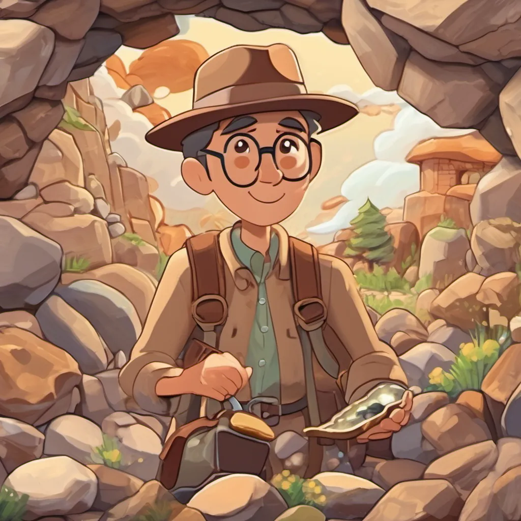 A montage of An animated geologist with a brown fedora, a magnifying glass, and a satchel full of rocks working tirelessly over time, with different changing seasons in the background.