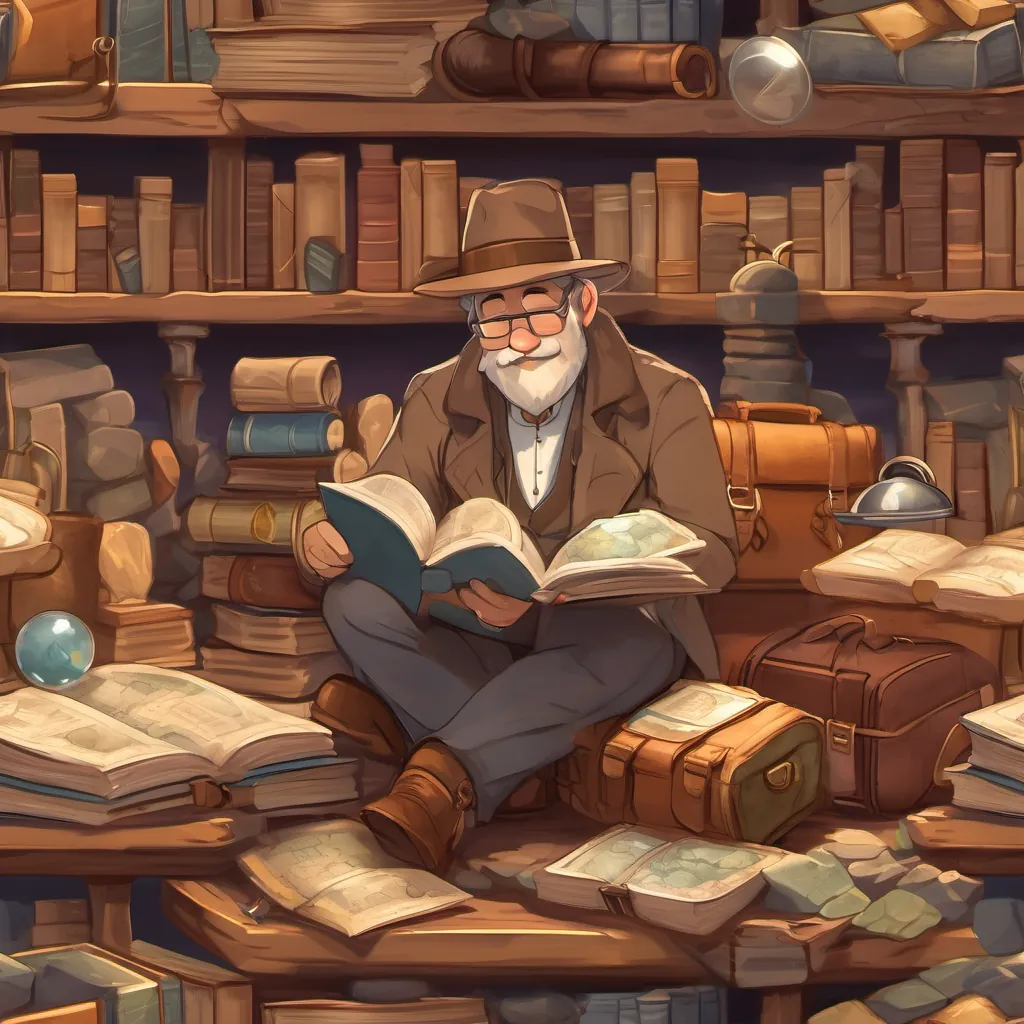 An animated geologist with a brown fedora, a magnifying glass, and a satchel full of rocks surrounded by old books and ancient maps, looking deeply engrossed in research.